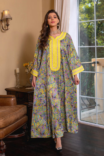 Robe marocaine marocaine à manches longues imprimée Abaya Muslim